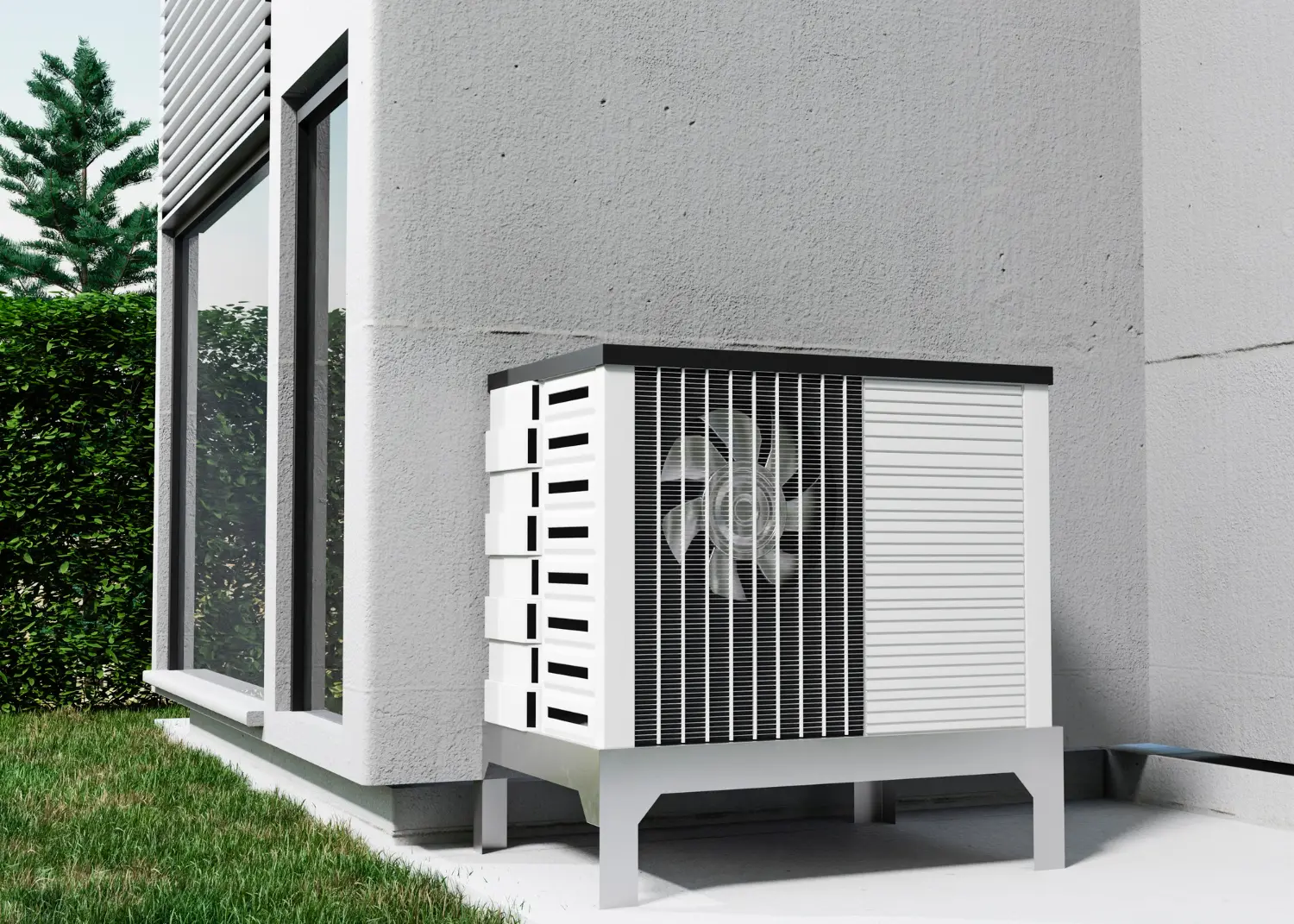 Pompe à chaleur air-eau installée pour le chauffage et la production d’eau chaude sanitaire économe en énergie d’une maison